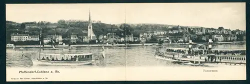 Klapp-AK Pfaffendorf-Coblenz a. Rh., Ortspanorama mit Ausflugs-Schiffen u, Kirche