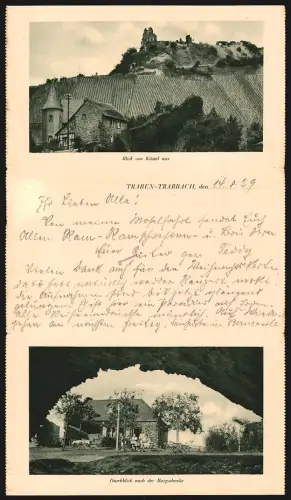 Klapp-AK Traben-Trarbach, Durchblick nach der Burgschenke, Ruine Grevenburg, Die alte Burg