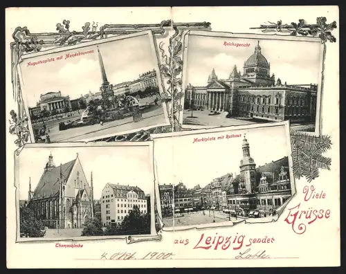 Klapp-AK Leipzig, Marktplatz mit Rathaus, Augustusplatz mit Mendebrunnen, Reichsgericht