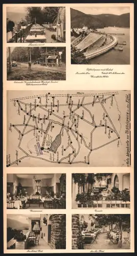 Klapp-AK Gemünd, Hotel Restaurant Seehof-Urfttalsperre v. C. Arens, Weinzimmer, Veranda, Landkarte