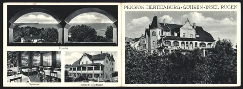 Klapp-AK Göhren /Rügen, Pension Herthaburg, Hausansicht, Speisesaal