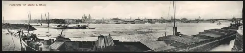 Klapp-AK Mainz, Panorama vom anderen Rheinufer gesehen, Frachtschiffe, Binnenschiffe