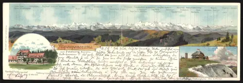 Klapp-Lithographie Feldberg /Schwarzwald, Alpenpanorama, Gasthof Feldbergerhof, Gasthaus z. Feldbergturm, Bes. C. Mayer