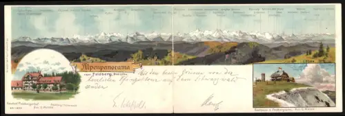 Klapp-Lithographie Feldberg, Alpenpanorama mit Gasthöfen Feldberghof und Feldbergturm