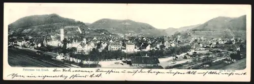 Klapp-AK Urach, Panoramaansicht mit Bahngleisen am Bahnhof