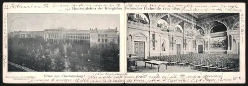 Klapp-AK Berlin-Charlottenburg, 100 Jahrfeier der Königl. Technischen Hochschule 1899, Aussenansicht und Aula