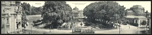 Klapp-AK Wiesbaden, Neues Kurhaus mit Blumengarten, Theater und Colonnaden, Strassenbahn