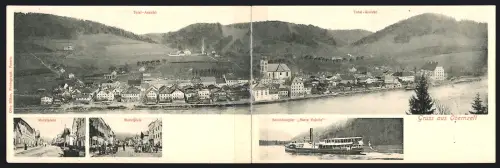 Klapp-AK Obernzell, Totalansicht, Flussdampfer Marie Valerie und Parien am Marktplatz