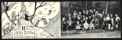 Klapp-AK Hameln /N., Absolvia mit rauchenden jungen Männern und Zeichnung zum Bergefest 1913