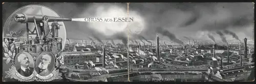 Klapp-AK Essen, Krupps Fabrik, Friedrich Alfred und Alfred Krupp, Kanone