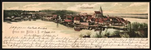 Klapp-AK Mölln i. L., Panorama mit Kirche und Fluss