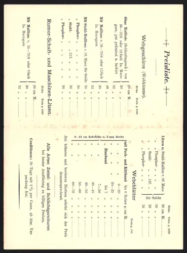 Klapp-AK Zittau i. S., Hermann Würfel, Mechanische Webeblätter- und Geschirr-Fabrik, Preisliste