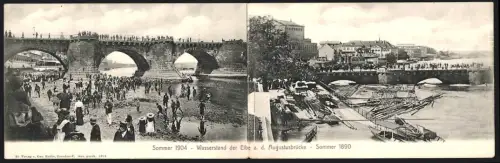 Klapp-AK Dresden, Wasserstand der Elbe a. d. Augustusbrücke, Sommer 1904 und 1890