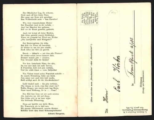 Lithographie Frankfurt a. M., Hampelmanns Abschied v. alten Schauspielhaus, 1902, Wappen, Gedicht