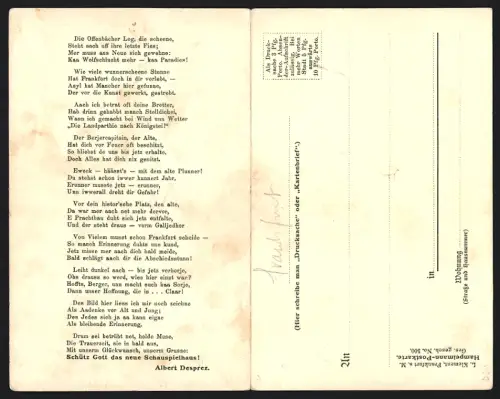 Lithographie Frankfurt a. M., Hampelmanns Abschied v. alten Schauspielhaus, 1902, Wappen, Gedicht, Kartenbrief