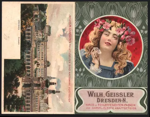 Lithographie Dresden, Seifenfabrik, Wilh. Geissler, Frauenportrait m. Blumen, Zwinger aus der Vogelschau, Kartenbrief