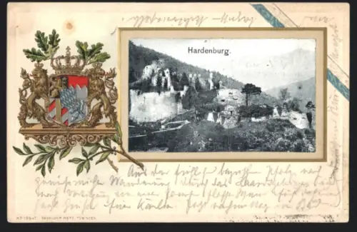 Passepartout-Lithographie Hardenburg, Burg mit umliegenden Bergen, 7