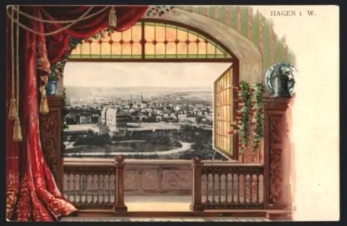 Passepartout-Lithographie Hagen i. W., Totalansicht, durch eine Burgfenster gesehen