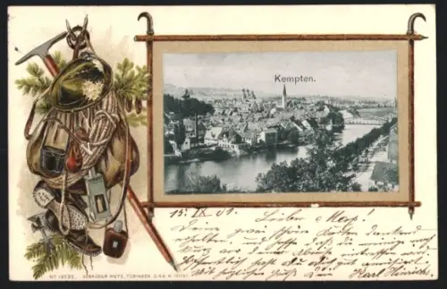 Passepartout-Lithographie Kempten, Totalansicht mit Brücke, Bergsteiger-Rucksack mit Lampe u. Eispickel