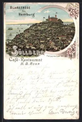 Lithographie Blankenese bei Hamburg, Süllberg, Totalansicht mit Cafe-Restaurant H. D. Rohr