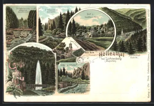 Lithographie Höllenthal b. Lichtenberg, Gasthof Hölle, Hirschsprung, Fontaine