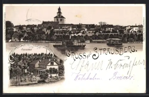 Lithographie Strausberg, Gasthaus Schlagmühle, Boote auf dem Straussee, Blick zum Ort