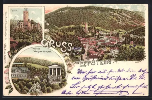 Lithographie Eppstein i. T., Hotel Heiliger Tempel, Ruine, Gesamtansicht