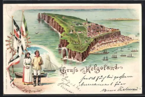 Lithographie Helgoland, Insel Helgoland mit Schiffen und Helgoländern