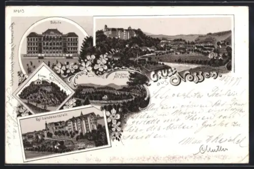 Lithographie Nossen, Kgl. Landesanstalt, Bergschlösschen, Gesamtansicht mit Landstrasse
