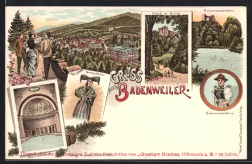 Lithographie Badenweiler, Mamorbad, Schwanenweiler, Ortsansicht, Frauen in Tracht