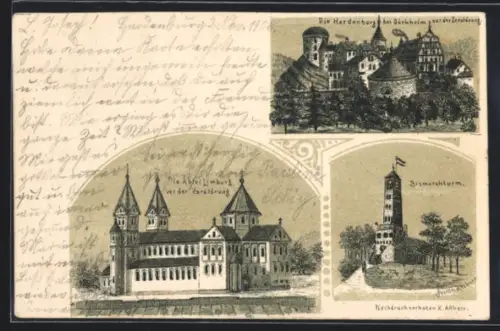 Lithographie Dürkheim, Hardenburg u. Abtei Limburg vor der Zerstörung, Bismarckturm