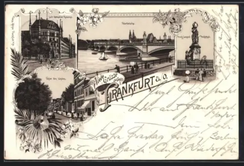Lithographie Frankfurt /Oder, Leib-Grenadier-Kaserne, Oderbrücke, Unter den Linden