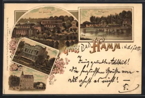 Lithographie Bad Hamm i. W., Ostenallee mit Turmgebäude, Gasthaus Rietzgarten, Ortsansicht