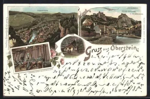 Lithographie Oberstein, Fuhr`s Hütte, Inneres einer Achatschleife, Totalansicht und Neues Schloss