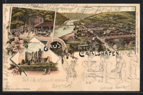 Lithographie Bad Karlshafen, Restaurant auf der Juliushöhe, Kruckenburg