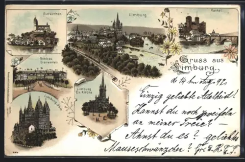 Lithographie Limburg / Lahn, Schloss Oranienstein, Dom, Evangelische Kirche