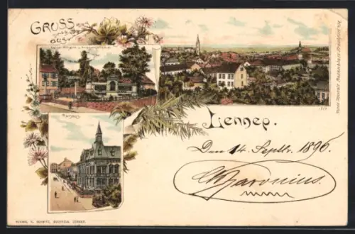 Lithographie Lennep, Kaiser Wilhelm- u. Kriegerdenkamal, Rathaus, Totalansicht