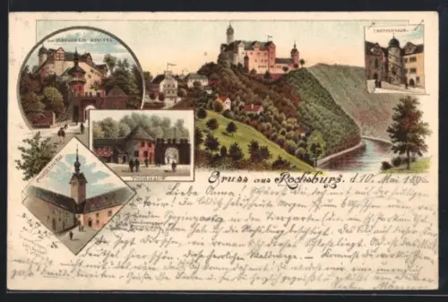Lithographie Rochsburg, Eingang i. d. Schloss, Thorhaus, Pulverthurm, Treppenhaus, Blick zur Burg
