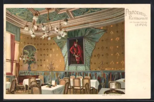 Lithographie Leipzig, Panorama-Restaurant Oswald Schlinke, Innenansicht, mit Gemälde u. Kronleuchter