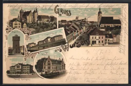 Lithographie Wurzen, das alte Schloss, Postgebäude, kgl. Gymnasium