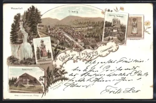 Lithographie Triberg /Schwarzwald, Gerwig-Denkmal, Volks- u. Brauttracht, Bauernhaus, Gesamtansicht