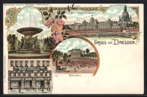 Lithographie Dresden, Hamburger Engros-Lager A. Sternberg, Neue Kunstakademie, Belvedère