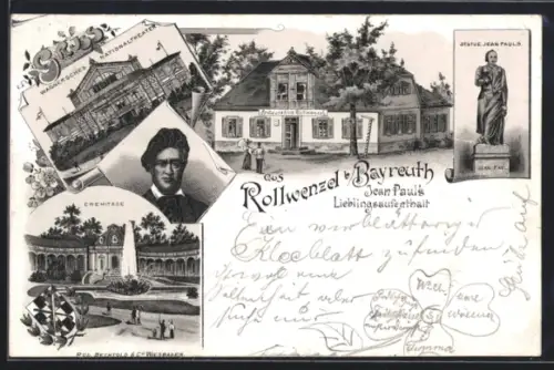 Lithographie Rollwenzel /Bayreuth, Eremitage, Restauration Rollwenzel, Portrait u. Statue Jean Paul
