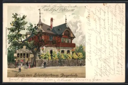 Lithographie Degerloch, Restaurant Schweizerhaus mit Gartenlokal von Wilhelm Rossnagel