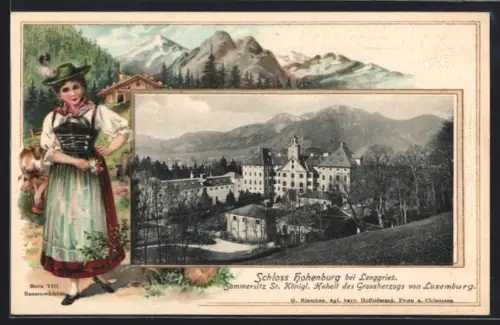 Passepartout-Lithographie Lenggries, Schloss Hohenburg mit Park u. Bergpanorama, Bauernmädchen, Kühe