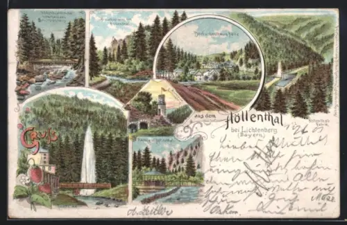 Lithographie Höllenthal b. Lichtenberg, Gasthof Hölle, Hirschsprung, Fontaine