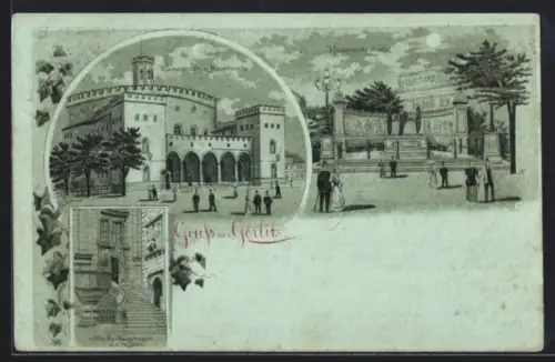 Mondschein-Lithographie Görlitz, Kaisertrutz mit Hauptwache, Kanonendenkmal, die Rathaustreppe