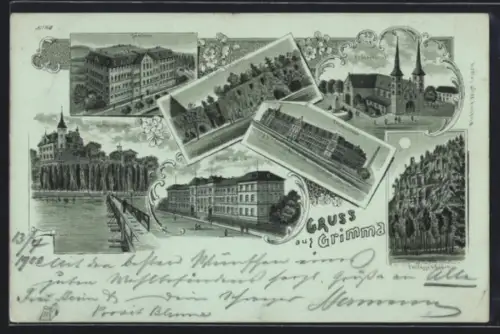 Mondschein-Lithographie Grimma, Seminar, Feuregge bei Doben, Kloster Nimbschen, Fürstenschule