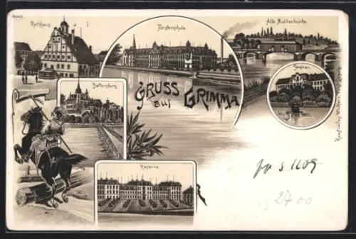 Lithographie Grimma, Rathaus, Fürstenschule, Kaserne