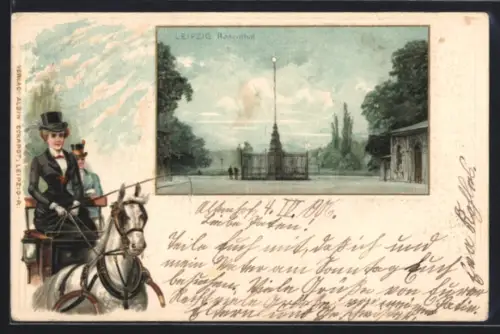 Passepartout-Lithographie Leipzig, Partie im Park Rosenthal, Kutscherin